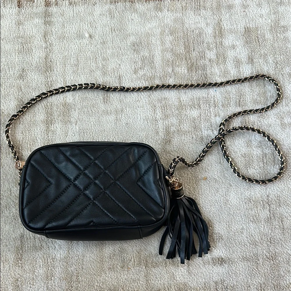 Black Quilted Crossbody Bag with Tassel